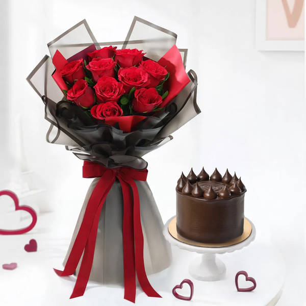 Eternal Roses And Cake Combo