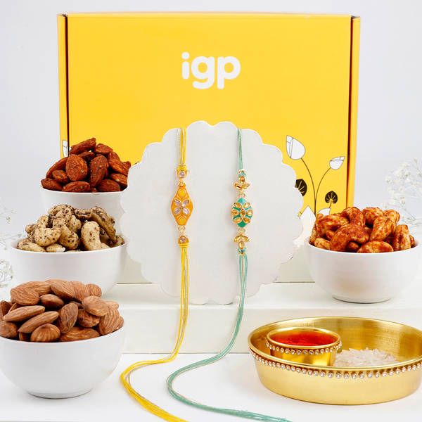 Exquisite Meena Rakhi Set Of 2 With Dry Fruits