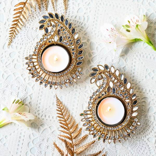 Exquisite Mirror Embellished Mayur Pankhi Diyas - Set Of 2