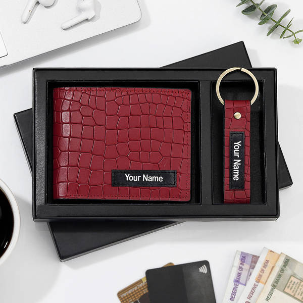 Genuine Leather Personalized Red Wallet And Keychain Combo