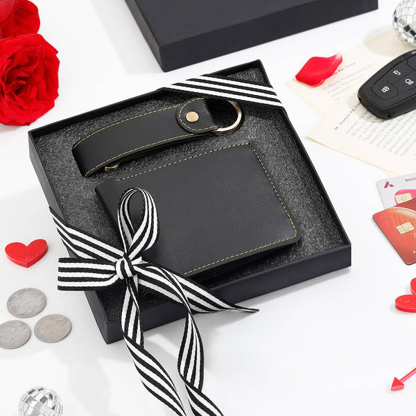 Glamorous Vegan Leather Wallet And Keychain Combo - Black