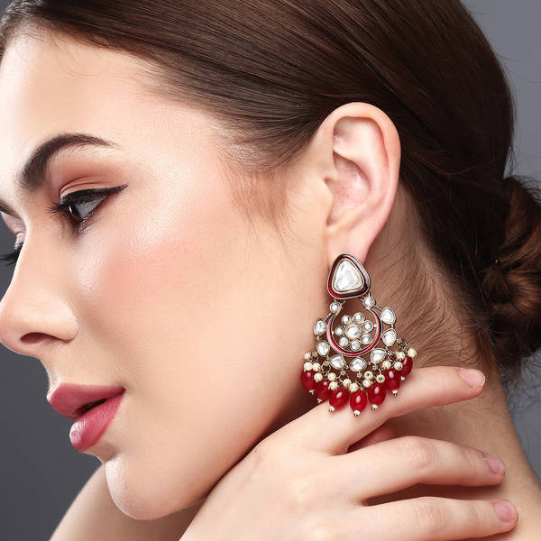 Gold-plated Kundan And Meenakari Chandbali Earrings - Red