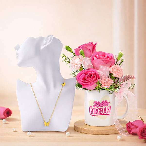 Golden Butterfly Necklace & Floral Mug Gift Combo