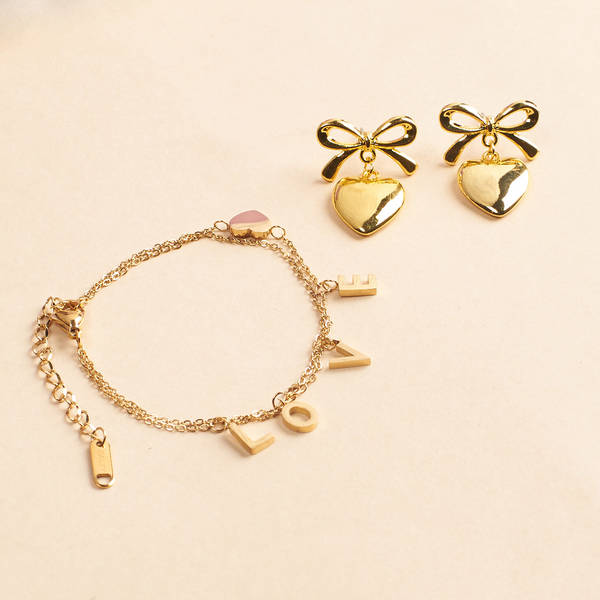 Golden Heart Bracelet And Earrings Combo For Women