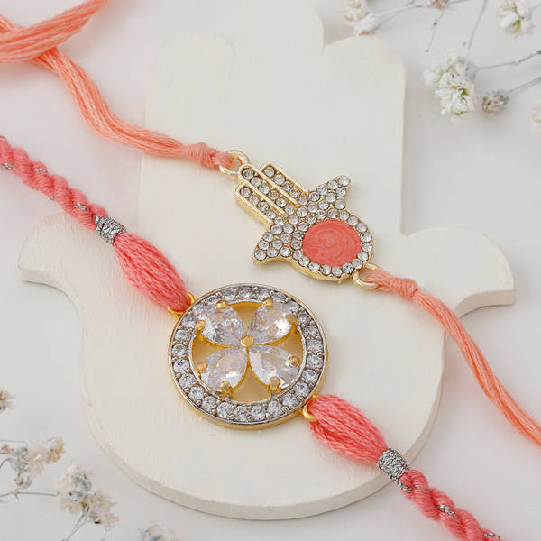 Good Vibes Floral And Hamsa Rakhi Set Of 2