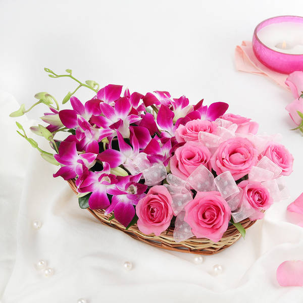 Gorgeous Purple Orchids & Pink Roses in Basket Arrangement
