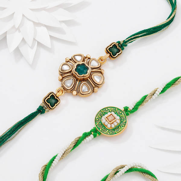 Green Kundan And Meenakari Rakhis - Set Of 2