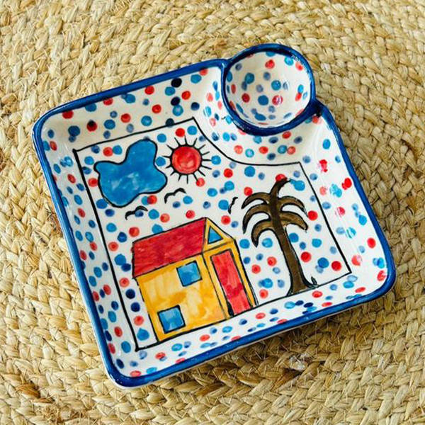 Handpainted Ceramic Chip And Dip Platter - Square - Single Piece