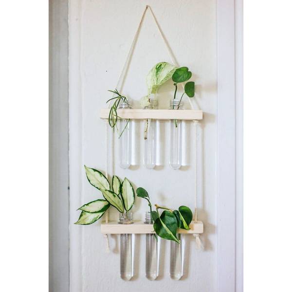 Hanging Planter - Glass Tubes - Wooden - Single Piece