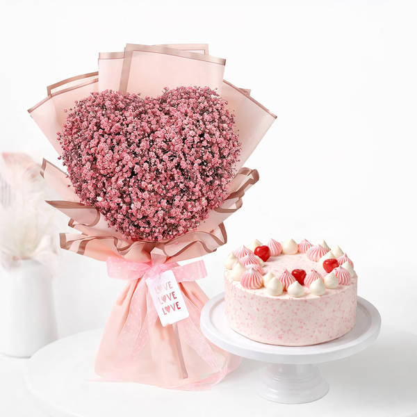 Heart Bouquet & Strawberry Vanilla Cake Combo