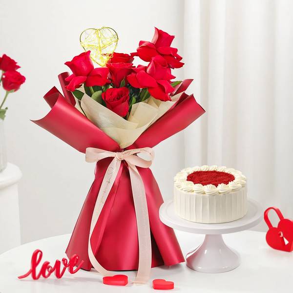 Irresistible Valentine's Day Rose And Cake Combo