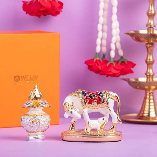 Kamdhenu Cow And Calf Idol and Silver Kalash Combo