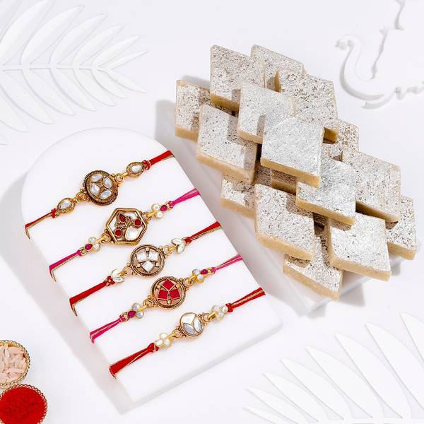 Kundan and Meena Rakhi And Kaju Katli  Set Of 5