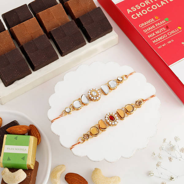 Kundan And Pearl Rakhi Set Of 2 With Assorted Chocolates