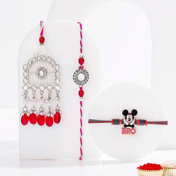 Kundan And Pearl Work Bhaiya Bhabhi And Kids Rakhi Set - Red
