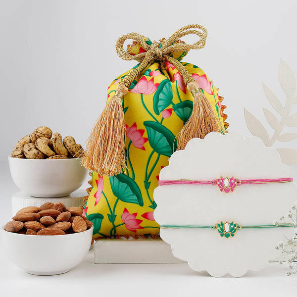 Kundan Rakhi Set Of 2 And Dry Fruits Potli