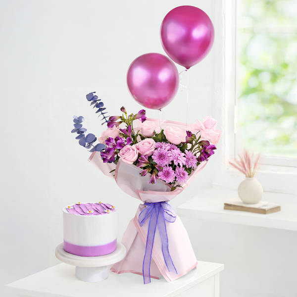 Lavender Bliss Bouquet And Frosted Fantasy Mini Cake Combo