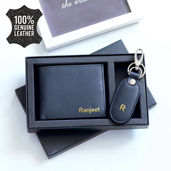 Leather Wallet And Keychain Set - Personalized - Black