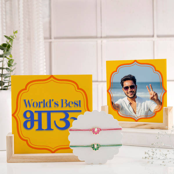 Lotus Kundan Rakhi Set Of 2 With Sandwich Frame - Personalized