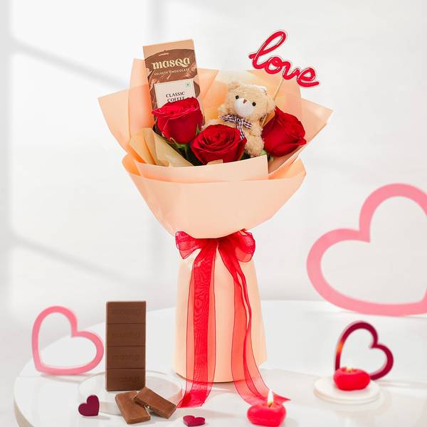Love Bouquet of Roses, Teddy, And Chocolate for Valentine's Day