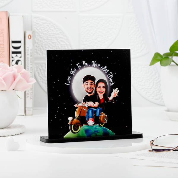 Love You To The Moon And Back - Personalized Caricature With Photo Frame