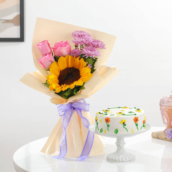 Lovely Sunflower Bouquet And Cake Combo