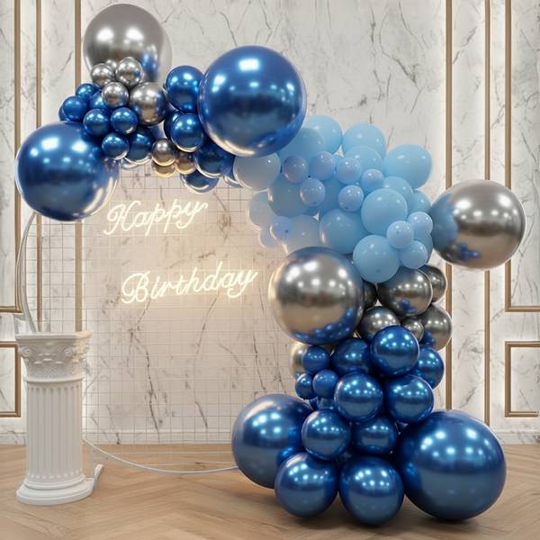 Luxurious Blue & Silver Birthday Balloon Arch Kit