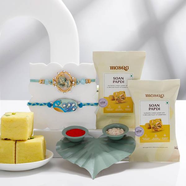 Meenakari Krishna And Peacock Rakhis Hamper