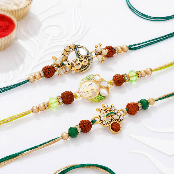 Meenakari Swastik Om And Trishul Rakhis - Set Of 3