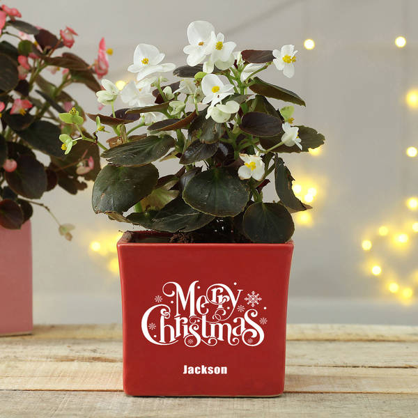 Merry Xmas Personalized Red Ceramic Planter