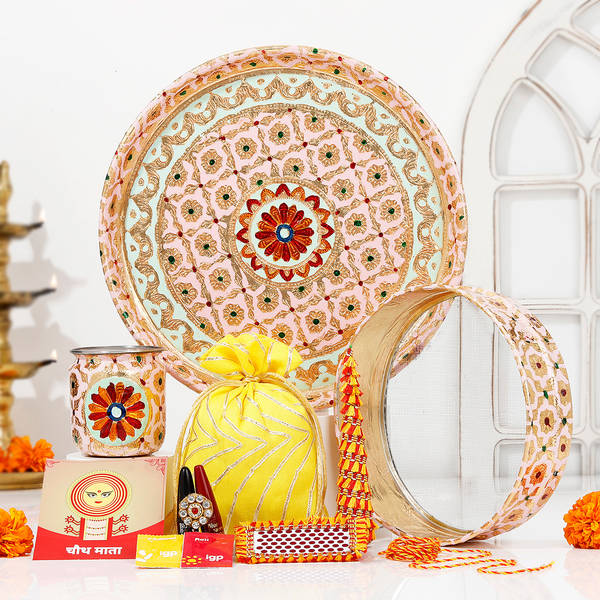Multicoloured Embroidered Karwa Chauth Pooja Thali Set