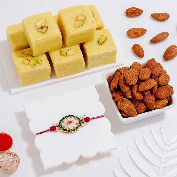 Oval Kundan Rakhi With Soan Papdi And Almonds