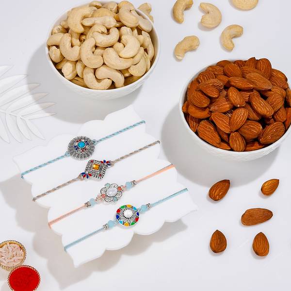 Oxidized Charm Rakhis and Nutty Delights Combo-Set Of 4