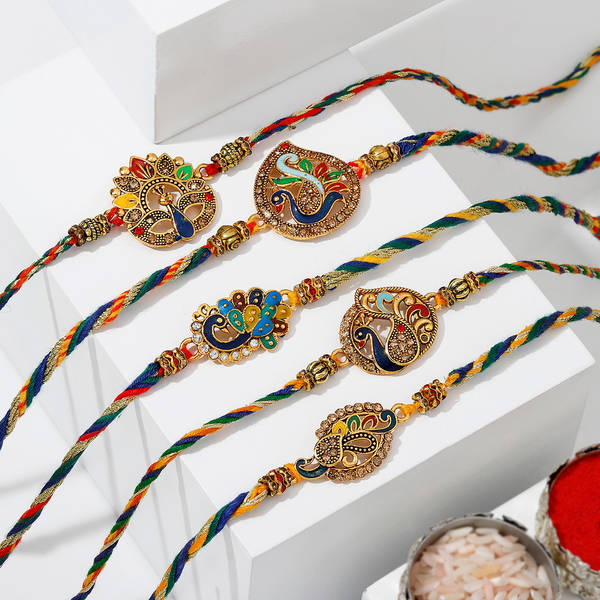 Peacock CZ And Meena Rakhi (Set of 5)