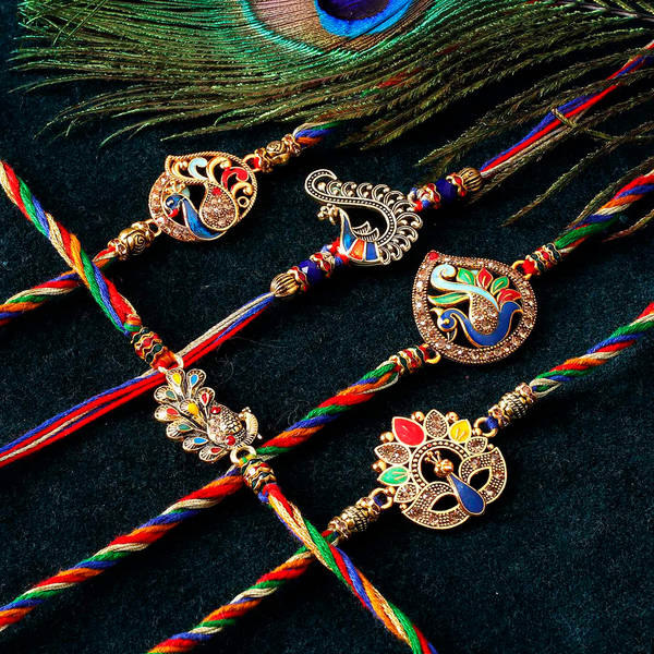 Peacock CZ And Meena Rakhi (Set of 5)