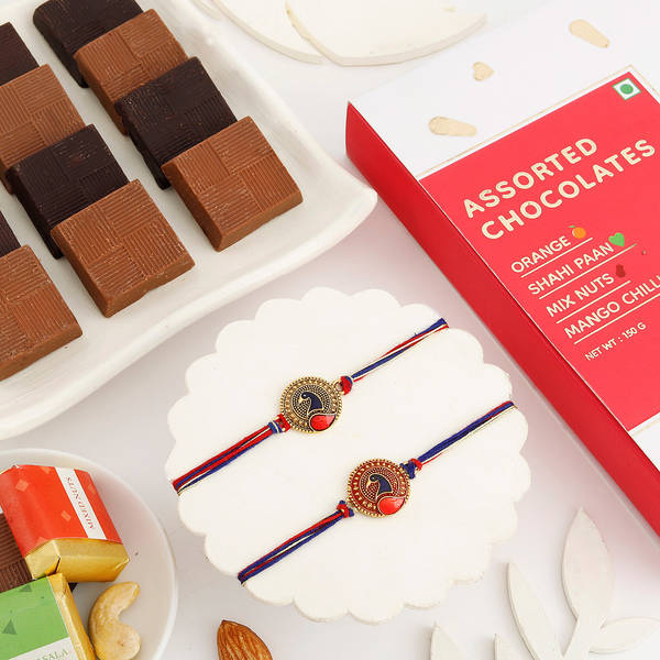 Peacock Rakhi Set Of 2 And Assorted Chocolates