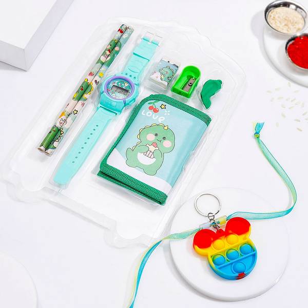 Perfect Stationery Rakhi Gift Set For Little Siblings-Green