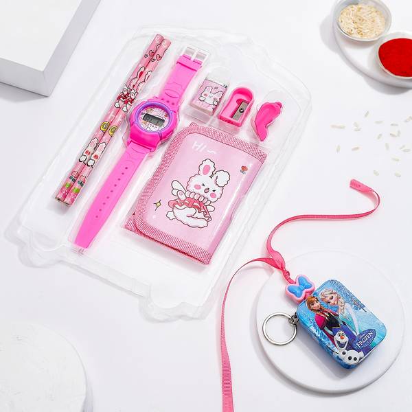 Perfect Stationery Rakhi Gift Set For Little Siblings-Pink