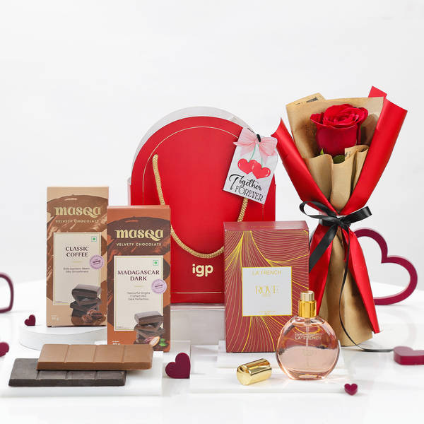 Perfume, Chocolates and Fresh Rose Gift Set