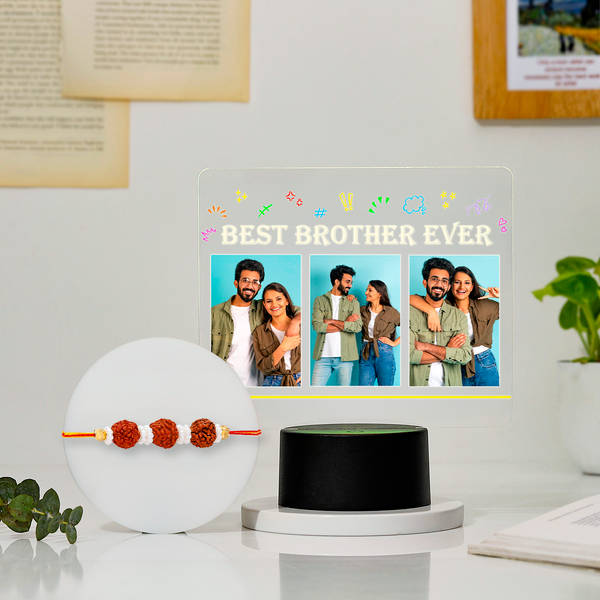 Personalized Best Brother Ever LED Lamp And Salma Work Rakhi