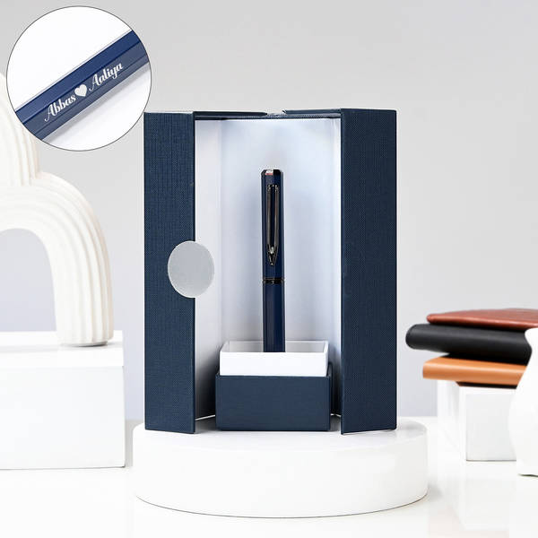 Personalized Blue Metal Roller Pen Gift Box For Couple