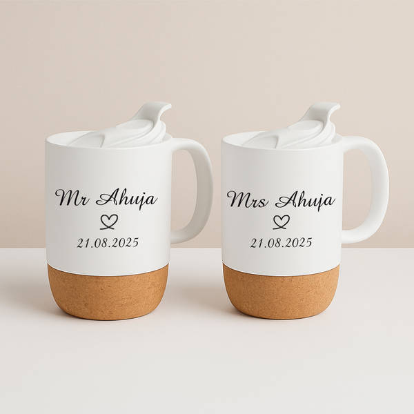Personalized Cork Base Ceramic Mug For Couples - Set Of 2
