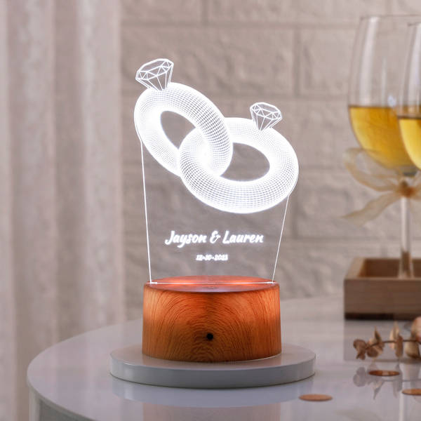 Personalized Couple Ring LED Lamp - Wooden Finish Base
