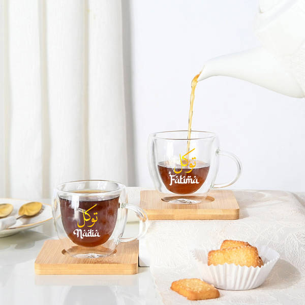 Personalized Elegant Espresso Cups With Bamboo Coasters - Set Of 2