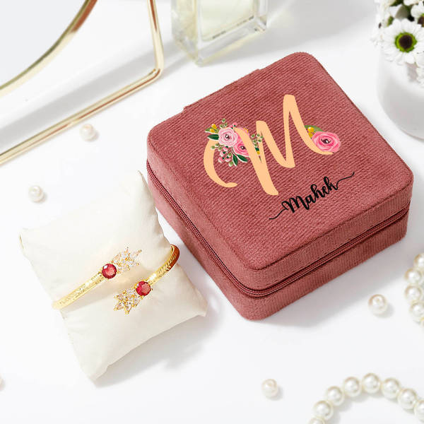 Personalized Exquisite Ruby Bracelet And Velvet Organiser For Her