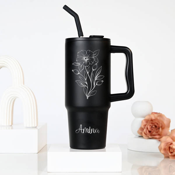 Personalized Matte Black Floral Tumbler for Her