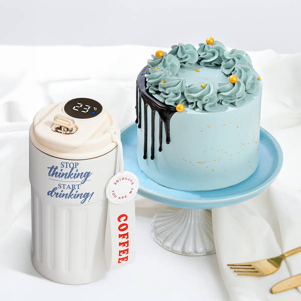 Personalized Motivational Temperature Tumbler And Blue Cream Cake Combo