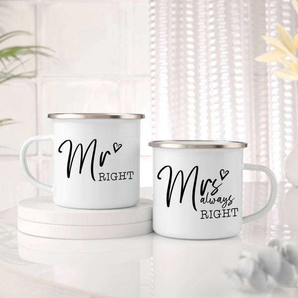 Personalized Mr Right And Mrs Always Right Enamel Coffee Mug - Set Of 2