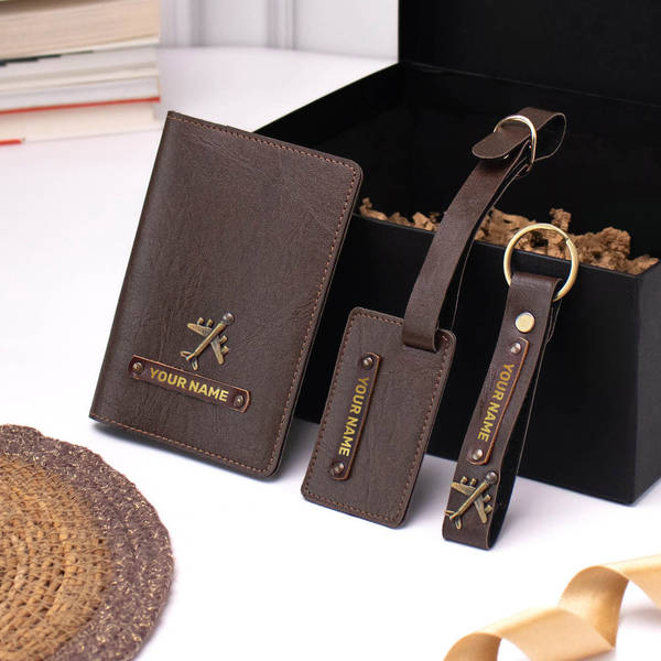 Personalized Premium Passport Cover With Luggage Tag And Keychain - Brown