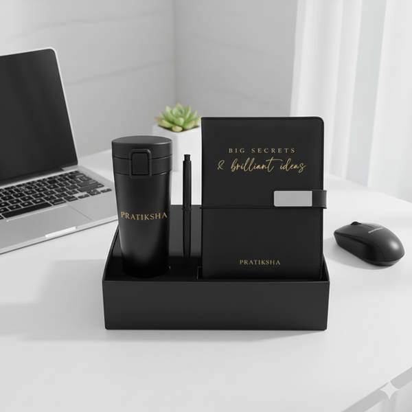 Personalized Sleek Black Bottle & Diary Gift Set